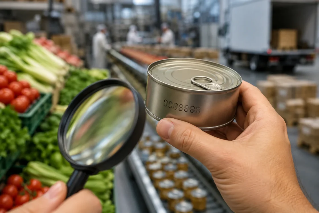 Lente d'ingrandimento su numero di lotto stampato su lattina alimentare