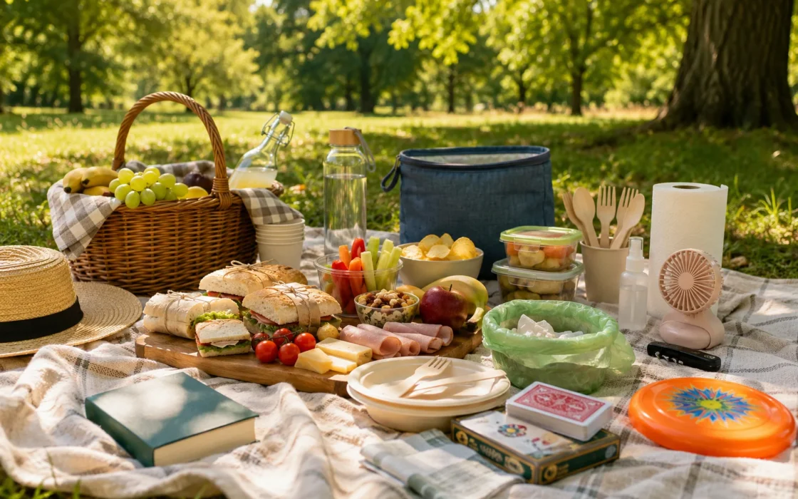 Picnic basket with sandwiches, fruit and supplies on a blanket in the park