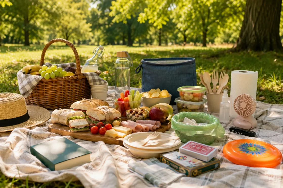 Cestino da picnic con panini, frutta e accessori su plaid nel prato