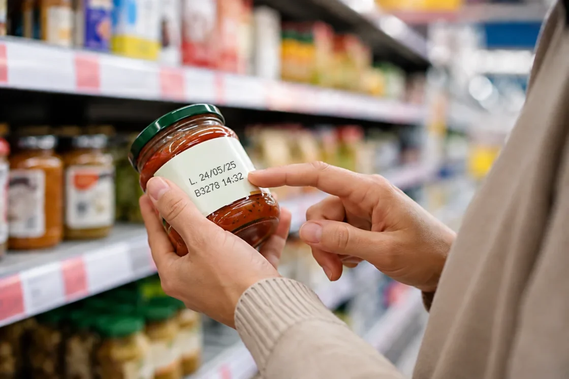 Hand pointing at batch number on jar label in a supermarket