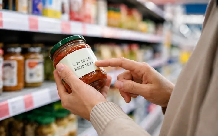 Hand pointing at batch number on jar label in a supermarket