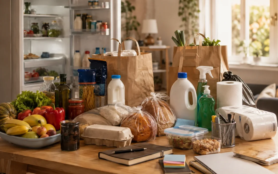 Sacchetti della spesa con alimenti e prodotti per la casa su tavolo in cucina