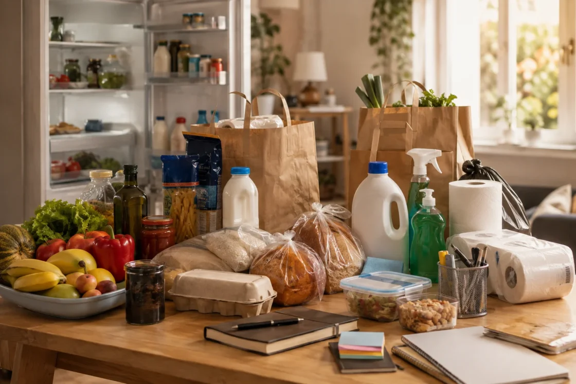Sacchetti della spesa con alimenti e prodotti per la casa su tavolo in cucina