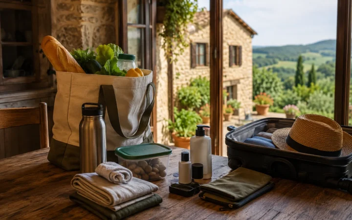 Borsa con alimenti freschi e valigia pronta per settimana in agriturismo