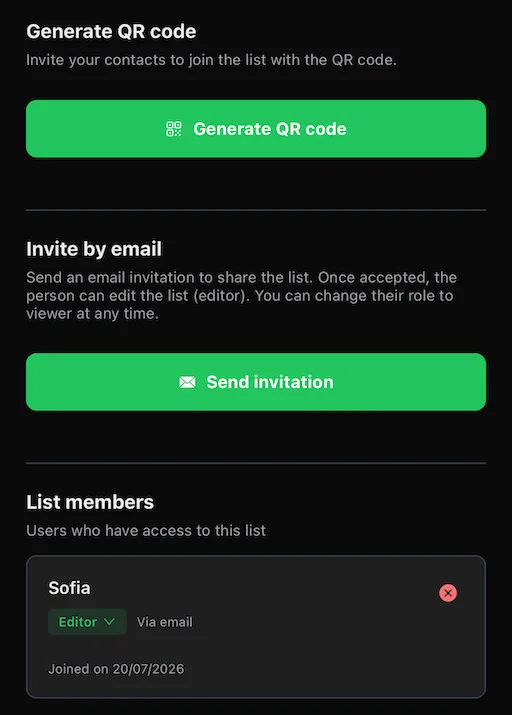 Shared shopping list preview in the Spesary app, invite via QR code or link