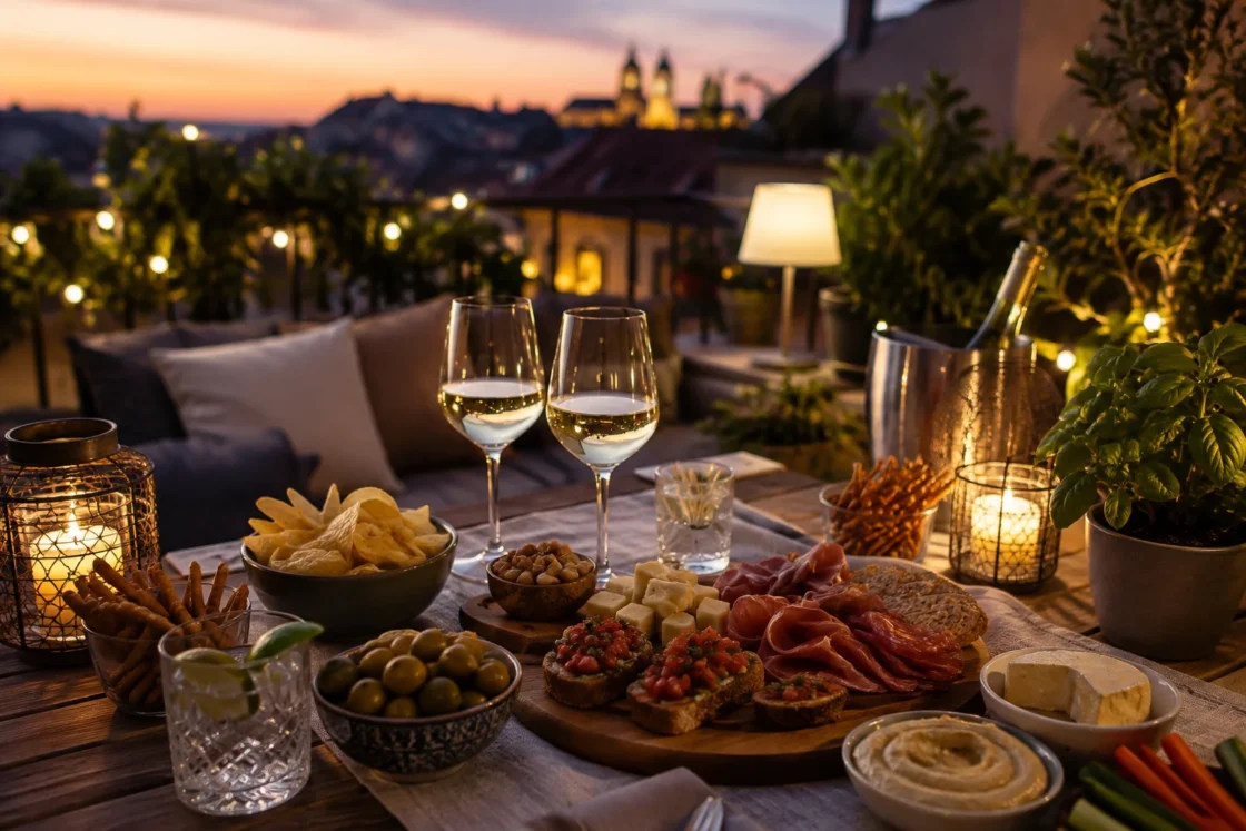 Table set with spritz cocktails, cheese boards and appetizers for a summer rooftop aperitivo