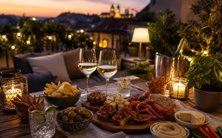 Table set with spritz cocktails, cheese boards and appetizers for a summer rooftop aperitivo