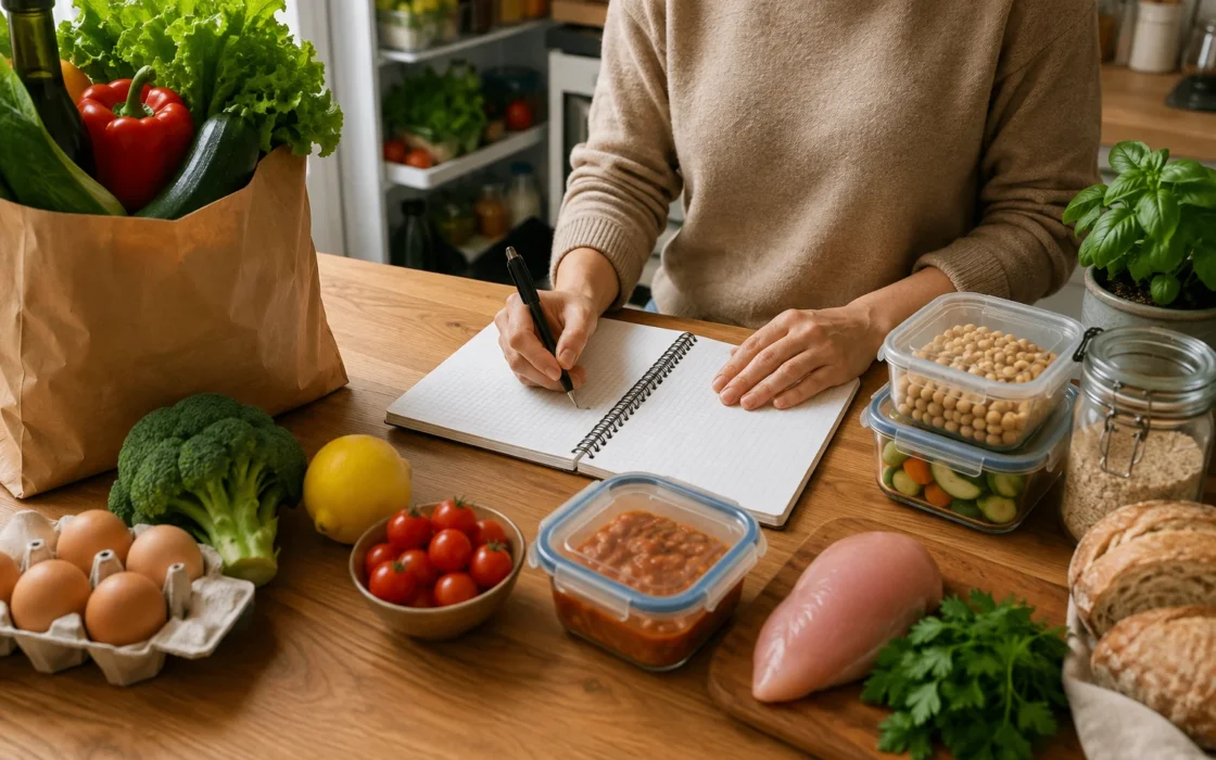 Woman writing a weekly grocery list surrounded by fresh food in the kitchen