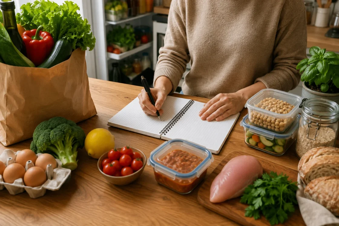 Woman writing a weekly grocery list surrounded by fresh food in the kitchen