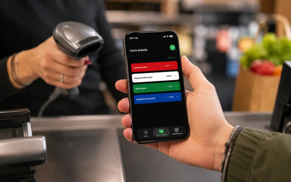 Schermata app Spesary con carte fedeltà salvate, scansionata alla cassa su iPhone