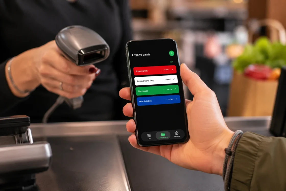 Spesary app loyalty cards screen scanned at checkout on iPhone