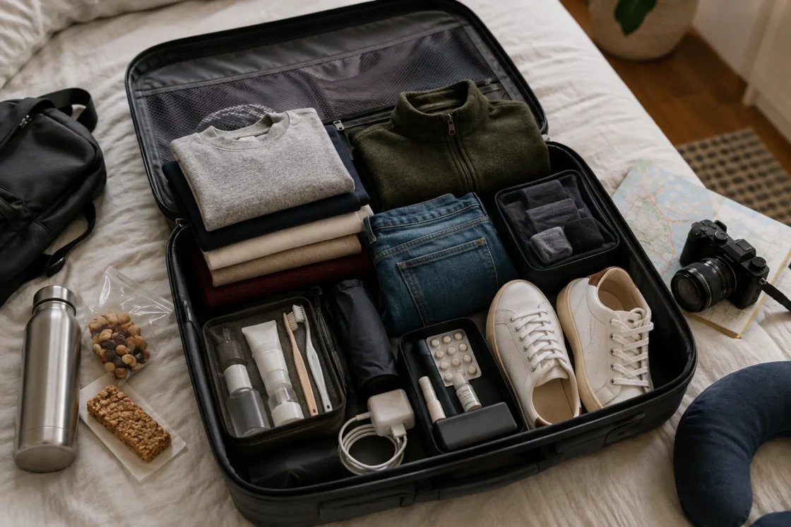 Valigia organizzata con vestiti, scarpe e accessori da viaggio su letto