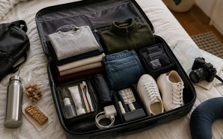 Valigia organizzata con vestiti, scarpe e accessori da viaggio su letto