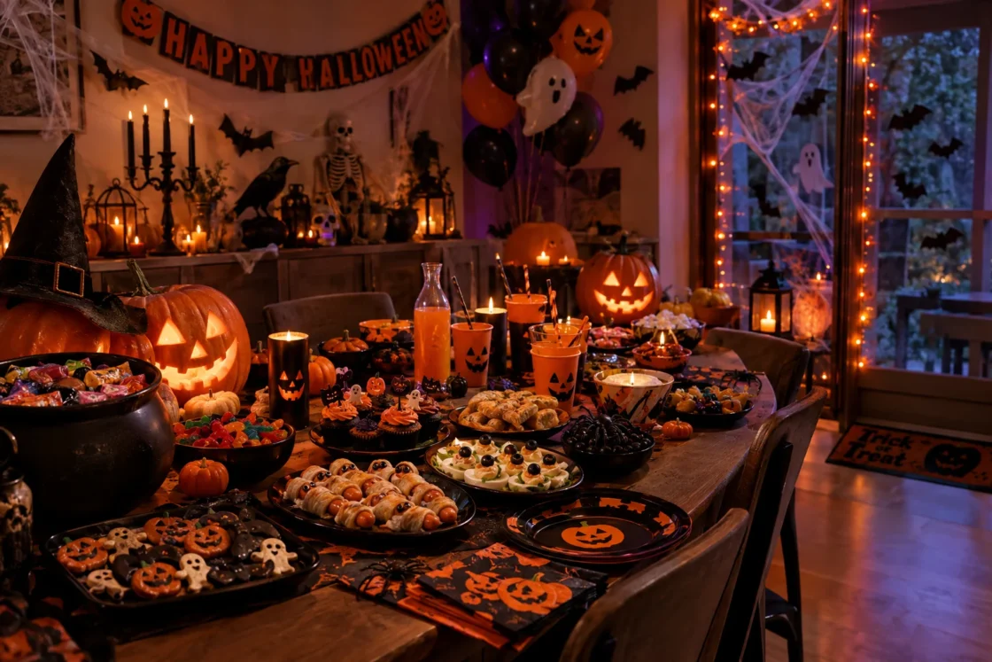 Tavola decorata con zucche intagliate, dolcetti e addobbi per festa di Halloween