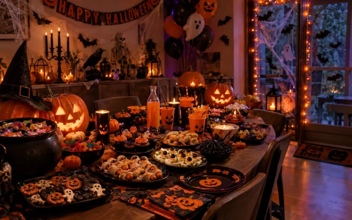 Tavola decorata con zucche intagliate, dolcetti e addobbi per festa di Halloween